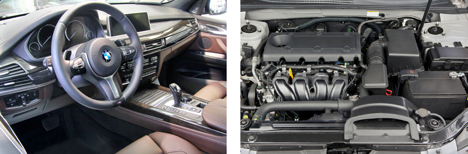 two photos, one showing the interior of a car, the steering column, controls, signals and switches and the other photo showing under the hood and engine of a car